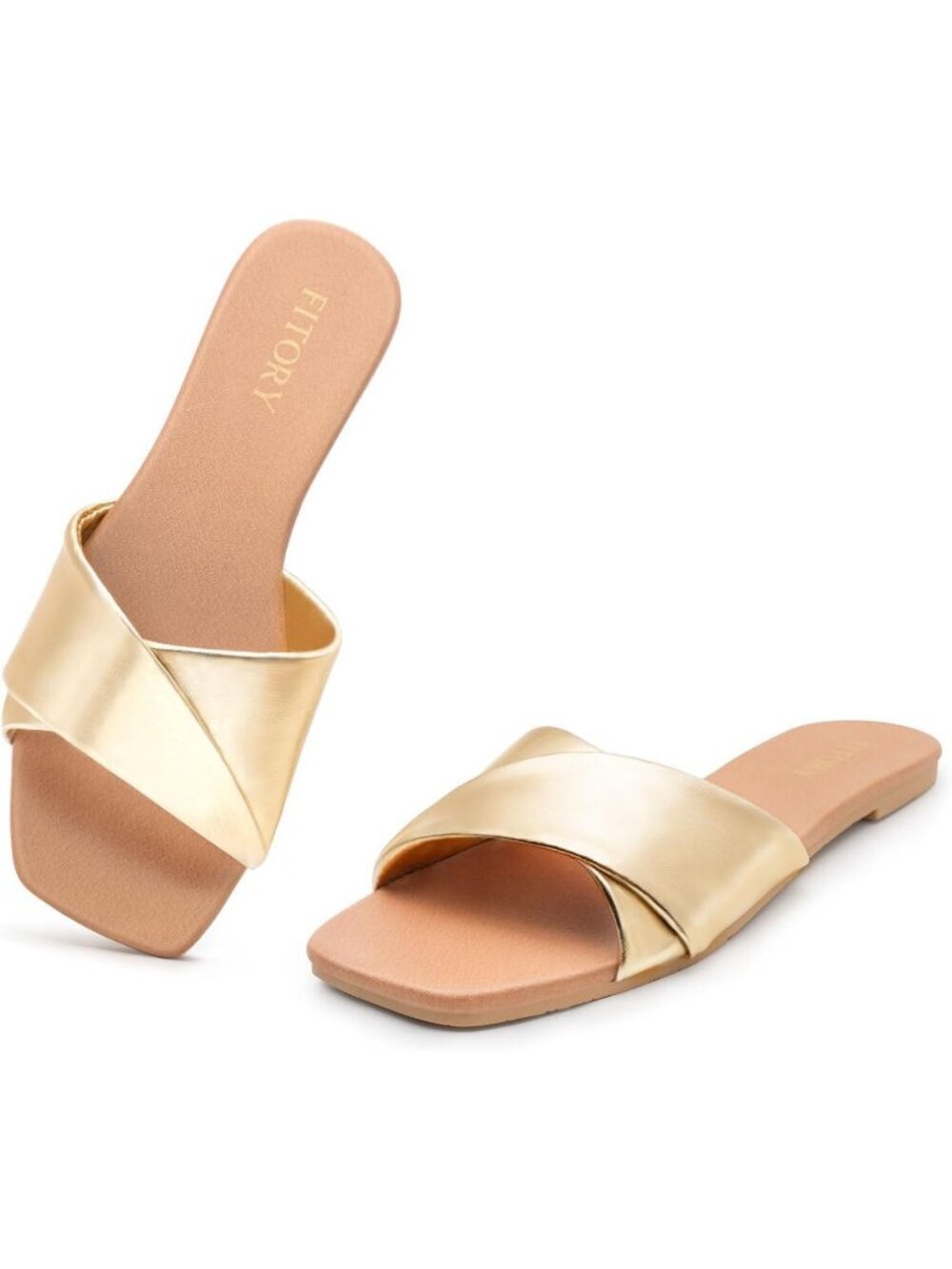 Women's Gold Flats Square Toe Slide Cross Strap Non Slip Sole Soft Leather Shoes